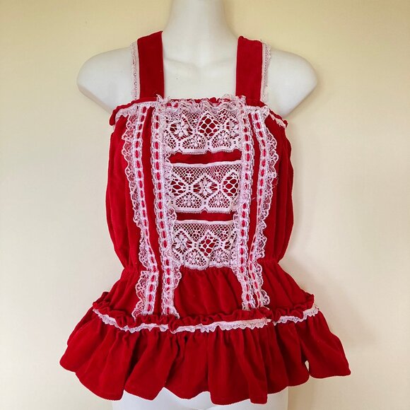 Gothic Lolita Cosplay Harajuku Top Handmade Red Corduroy & Lace Ruffles - Picture 5 of 5